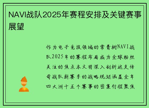 NAVI战队2025年赛程安排及关键赛事展望